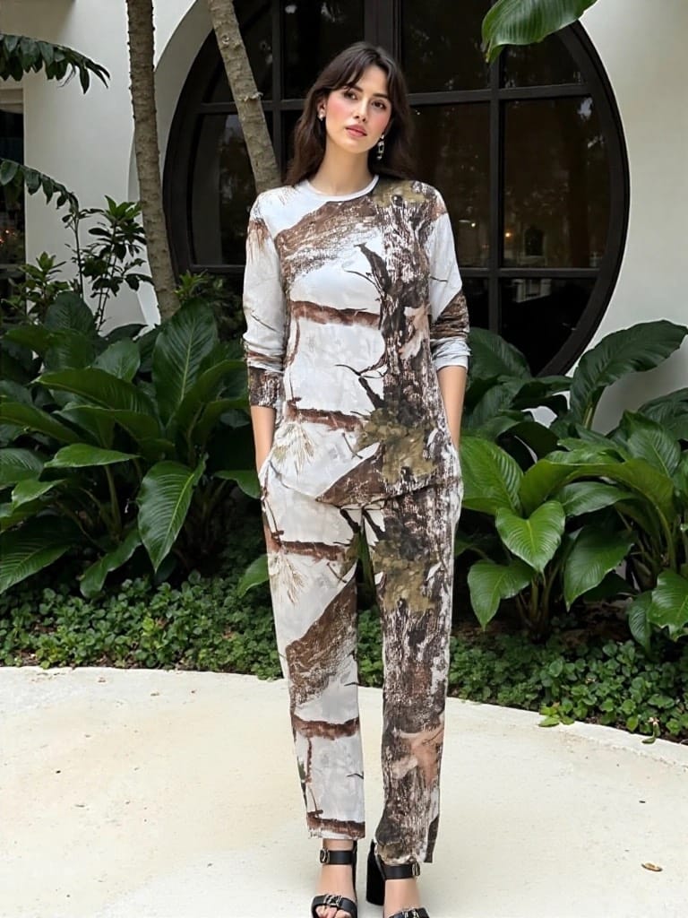 White Jungle Printed Fleece Fabric Ladies Suit (Cozy Wear)