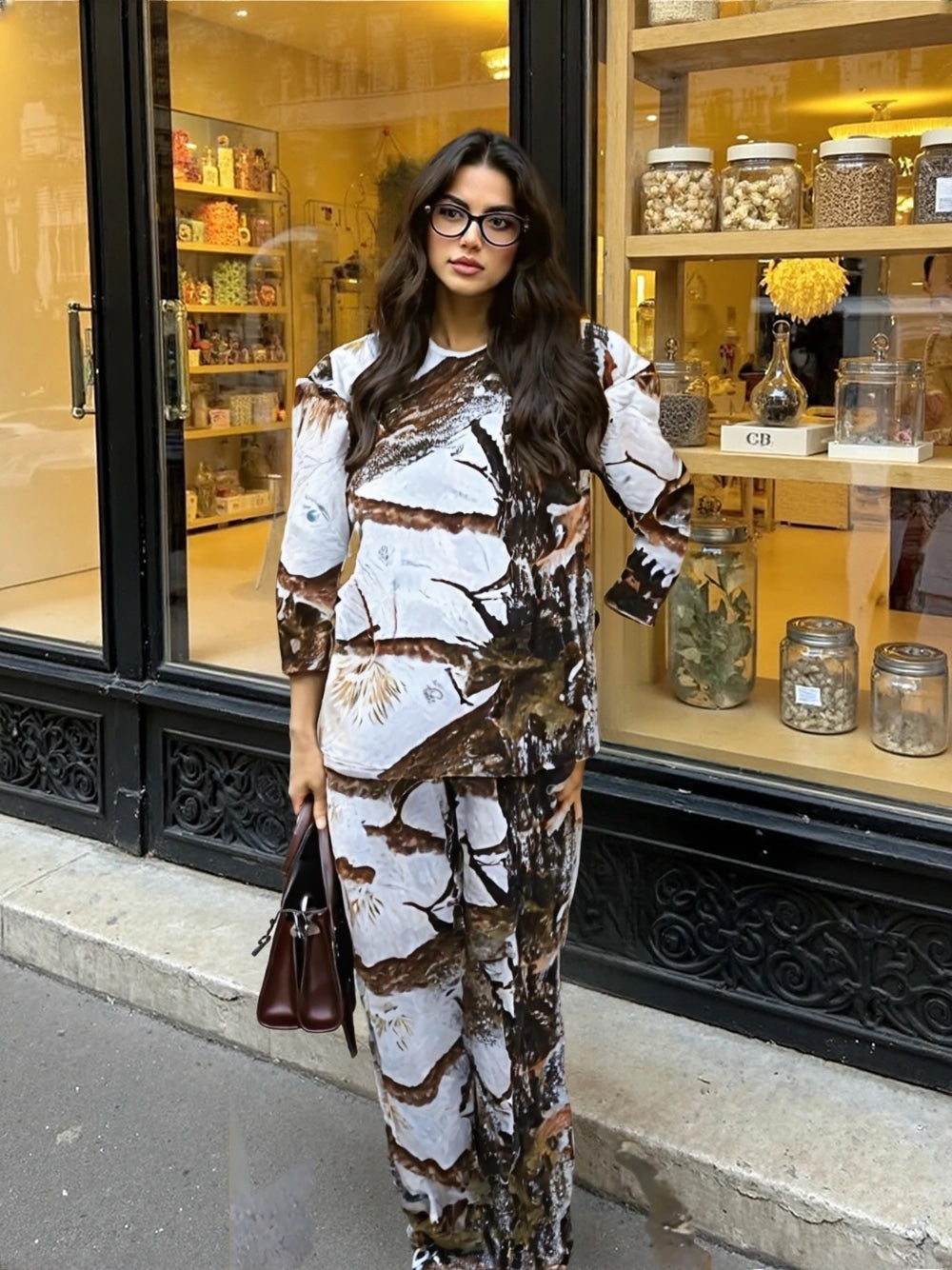 White Jungle Printed Fleece Fabric Ladies Suit (Cozy Wear)