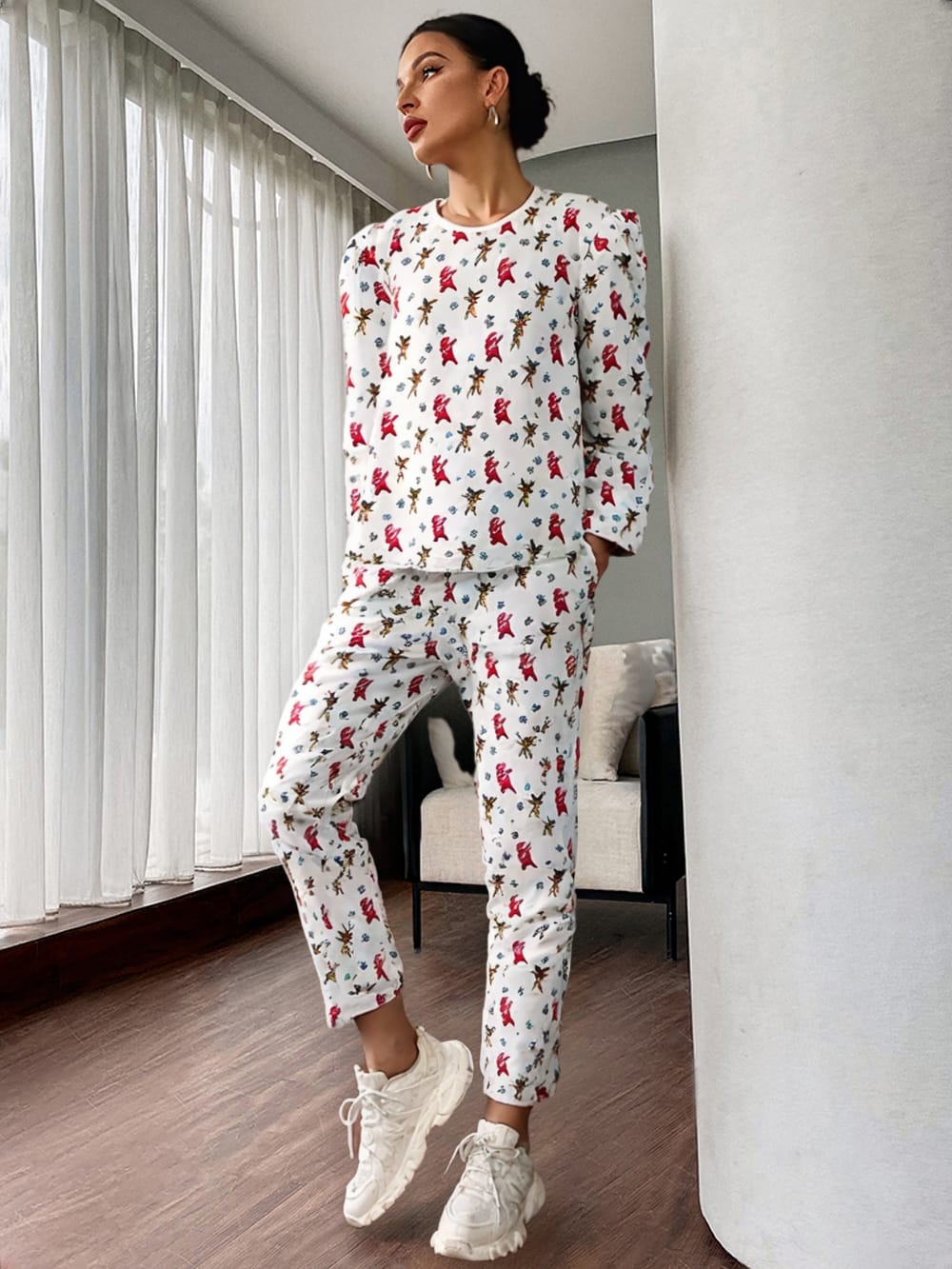 White Printed Fleece Fabric Ladies Suit (Cozy Wear)