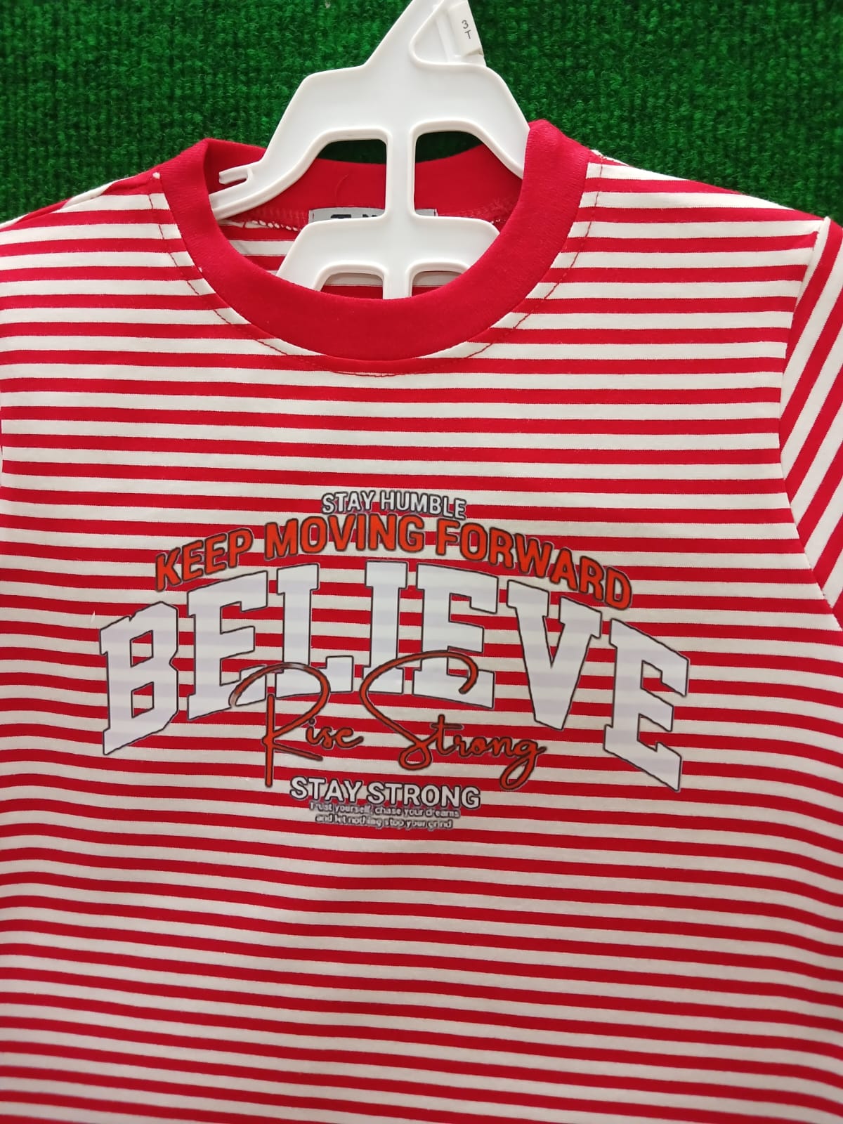 Kids Red & White Striped Cotton Yarn Dyed Stretchable T-Shirt With Short