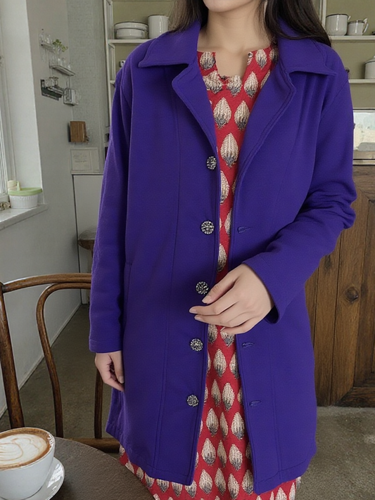 Women’s Winter Fleece Button-Up Long Coat – Deep Purple