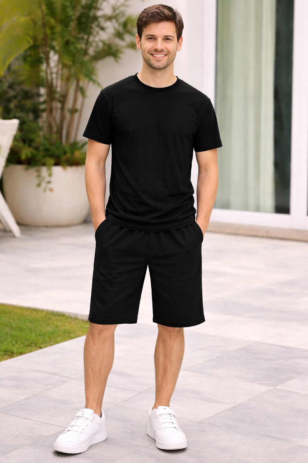 Men Black Cotton T-Shirt with Black Cotton Short– Summer Set
