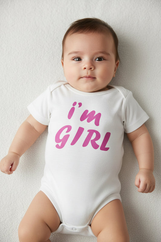 Baby Girl “I’m Girl” Cotton Romper – Short Sleeve Infant Bodysuit