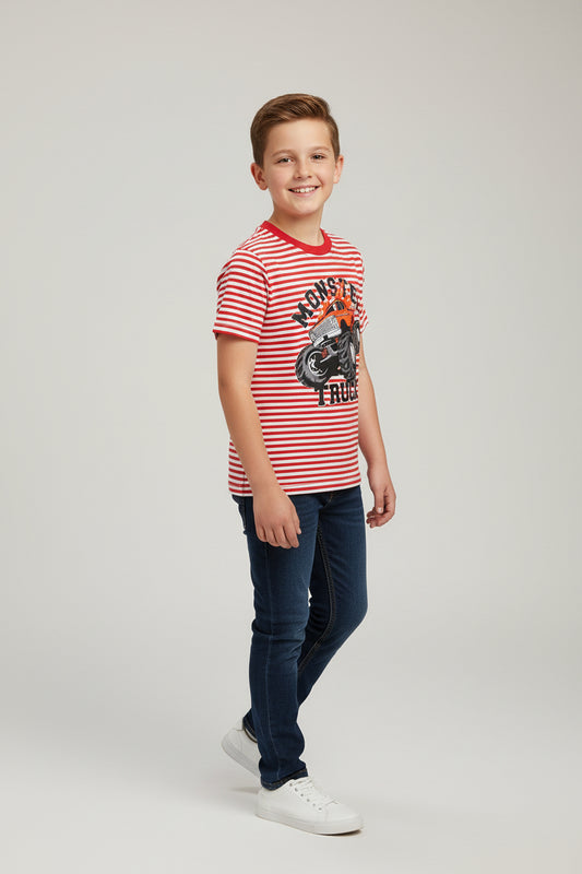 Trendy Striped Cotton T-Shirt  Unisex– Yarn Dyed Stretchable in Red and White stripes