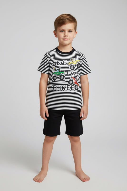 Black and White Striped Cotton T-Shirt with Shorts– Short Sleeve Yarn Dyed Stretchable