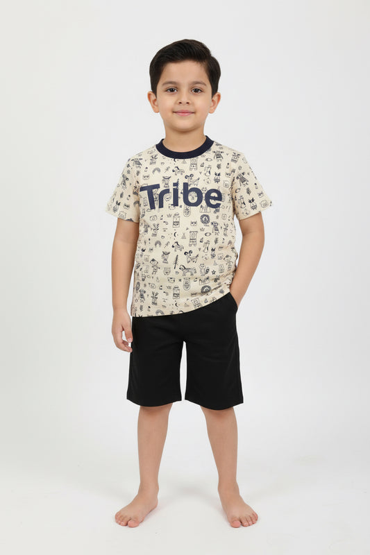 Kids Tribe Printed Cotton T-Shirt With Black Short – Short Sleeve Cartoon Pattern Tee