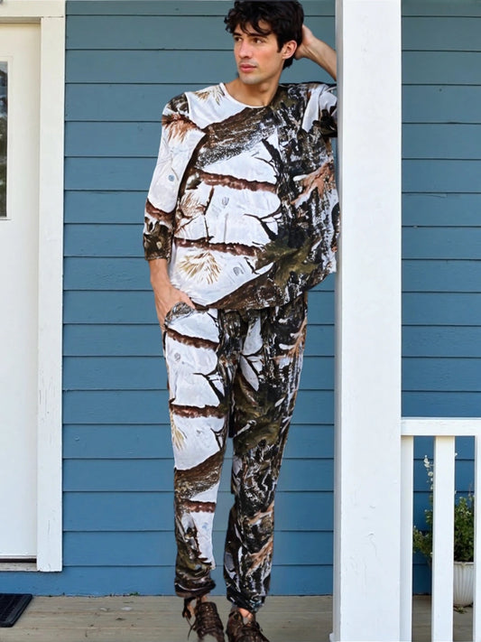 White Jungle Printed Fleece Fabric Gents Night Suit (Cozy Wear)