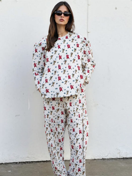 White Printed Fleece Fabric Ladies Suit (Cozy Wear)
