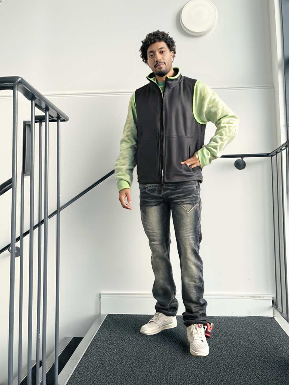 Sleeveless Zip-Up Jacket/Sando– Black with Green Trim(unisex)