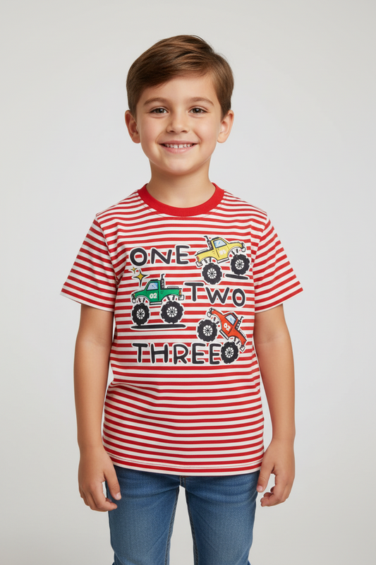 Kids Red & White Striped Cotton   Yarn Dyed Stretchable T-Shirt – Monster Truck Print