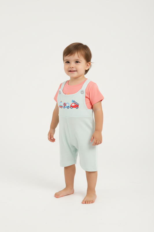 Toddler Cotton Dungaree Romper Set with T-Shirt – Mini Cars print