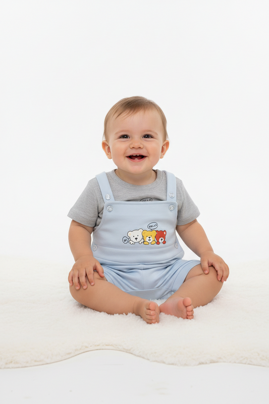Toddlers Cotton Dungaree Romper Set with T-Shirt with Teddy Print