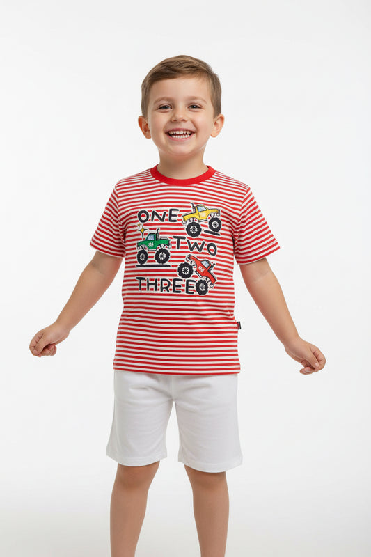 Kids Red & White Striped Cotton   Yarn Dyed Stretchable T-Shirt With Short