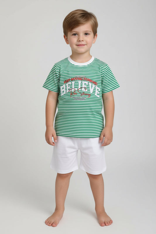 Kids Green & White Striped Yarn Dyed Strechable Cotton T-Shirt with Short