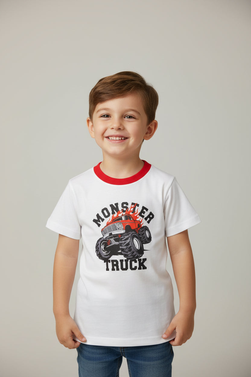 Cotton T-Shirt – Short Sleeve White Monster Truck Print
