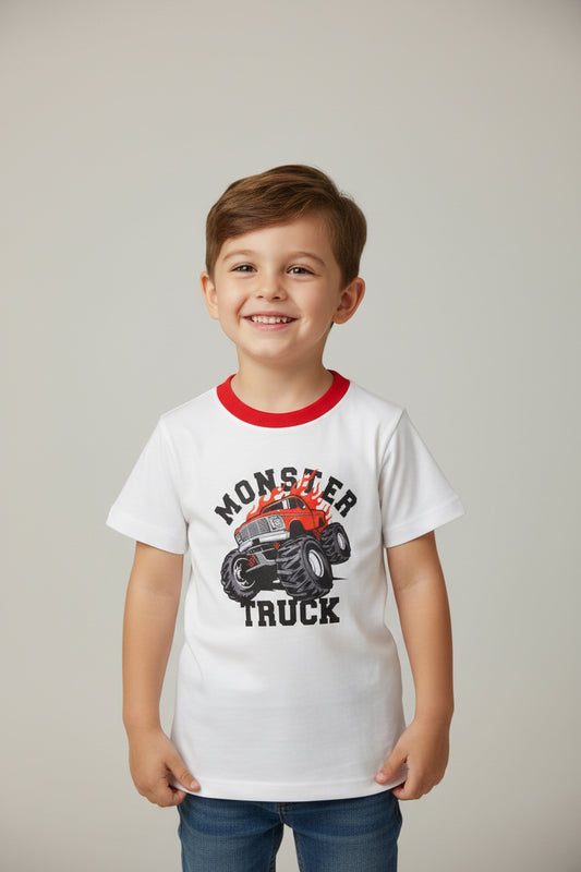 Cotton T-Shirt – Short Sleeve White Monster Truck Print