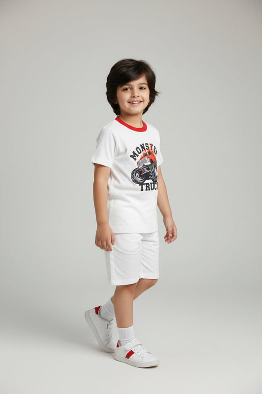 Cotton T-Shirt With white Short– Short Sleeve White Monster Truck Print