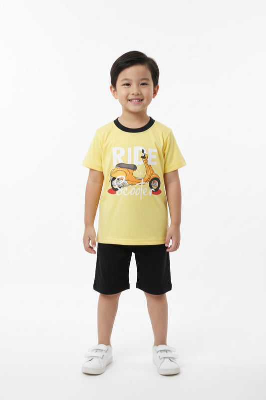 Cotton T-Shirt With Black Short– Short Sleeve Scooter Print