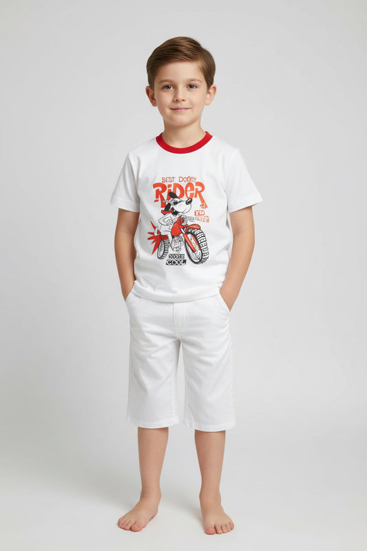Cotton T-Shirt With White Short– Short Sleeve White Rider Print
