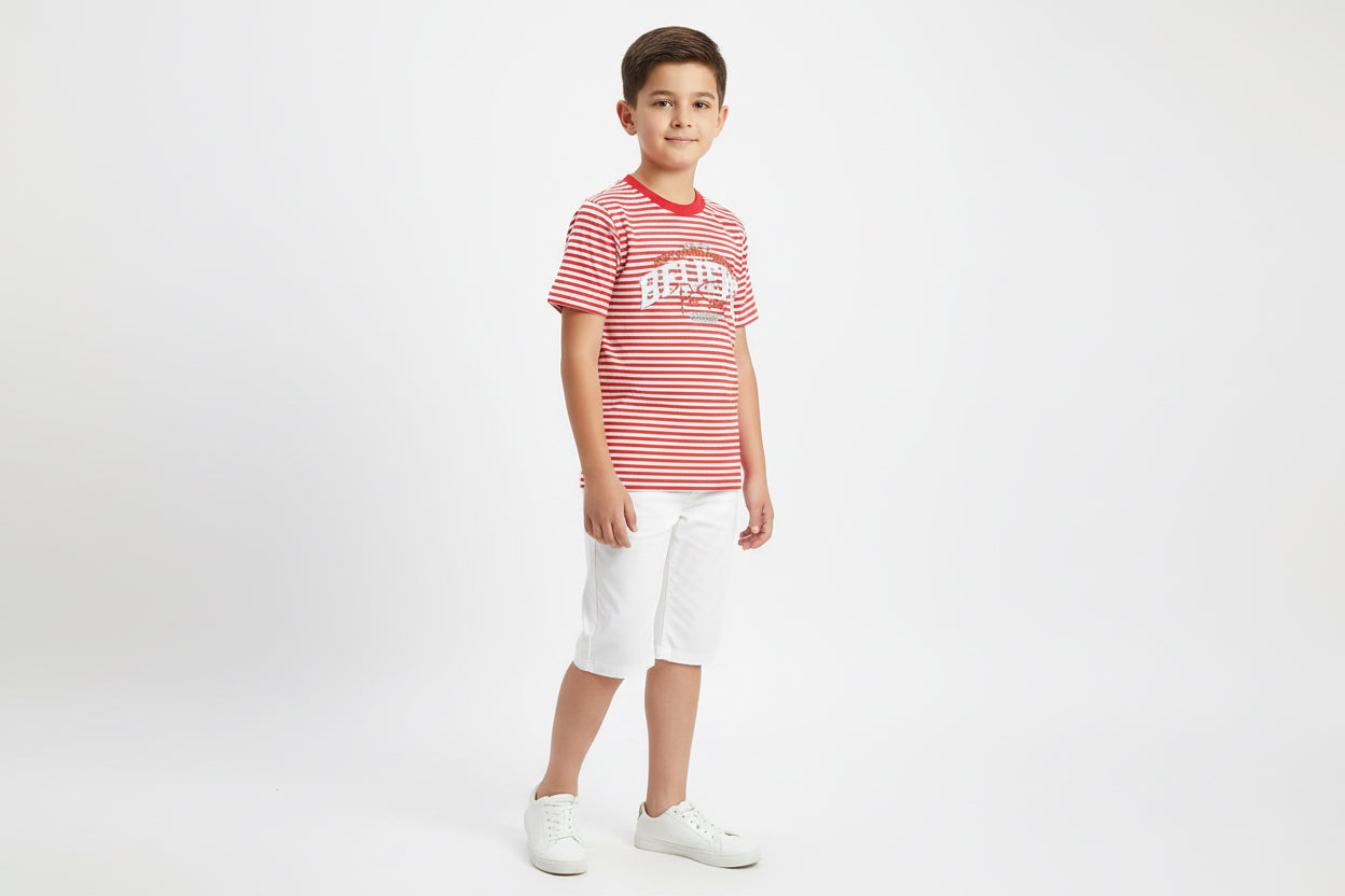 Kids Red & White Striped Cotton   Yarn Dyed Stretchable T-Shirt With Short