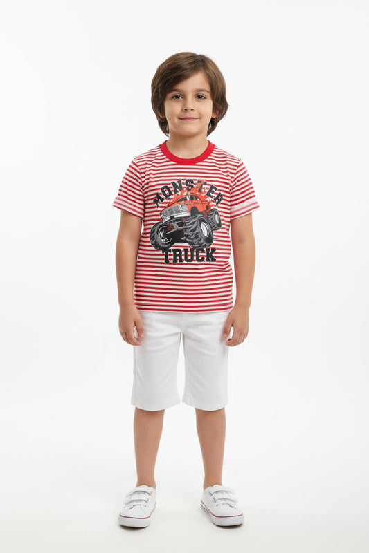 Trendy Striped Cotton T-Shirt With Short– Short Sleeve  Yarn Dyed Stretchable in Red and White