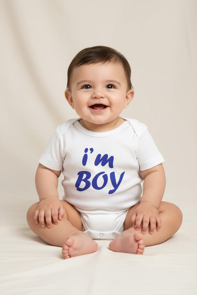 Baby Boy “I’m Boy” Cotton Romper – Short Sleeve Infant Bodysuit