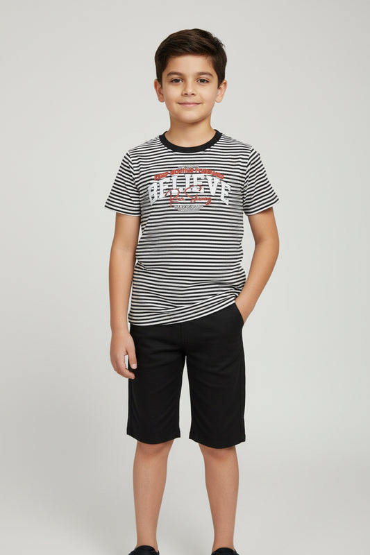 Black and White Striped Cotton T-Shirt with Shorts– Short Sleeve Yarn Dyed Stretchable