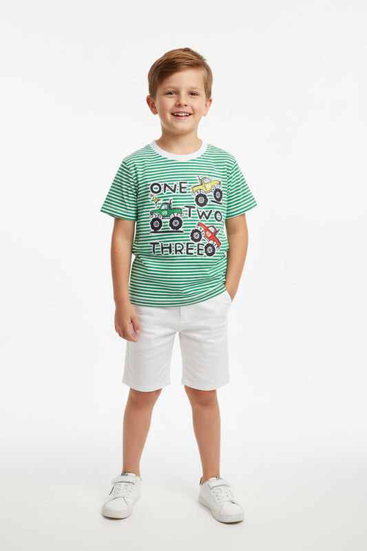 Trendy Striped Cotton T-Shirt With Short– Short Sleeve  Yarn Dyed Stretchable in Green and White