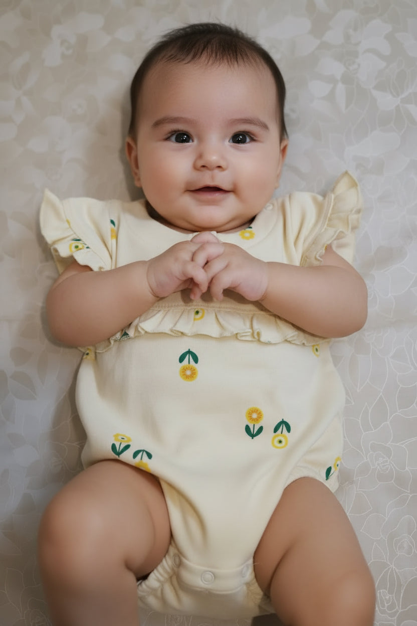 "Floral Print" Light weight Fleece Romper – Short Sleeve Infant Bodysuit