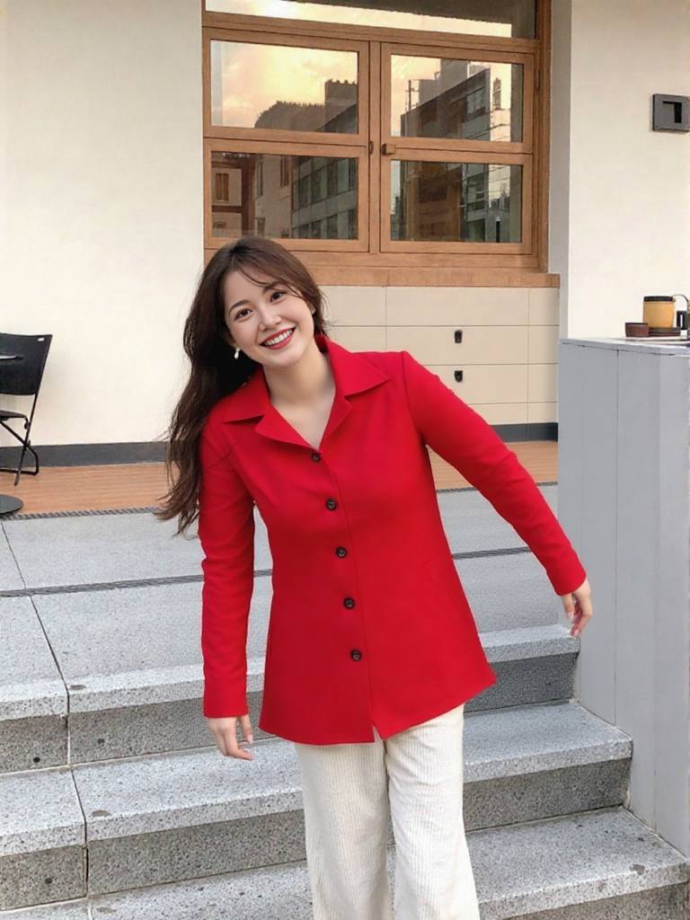 Women’s Winter Fleece Button-Up Long Coat – Red