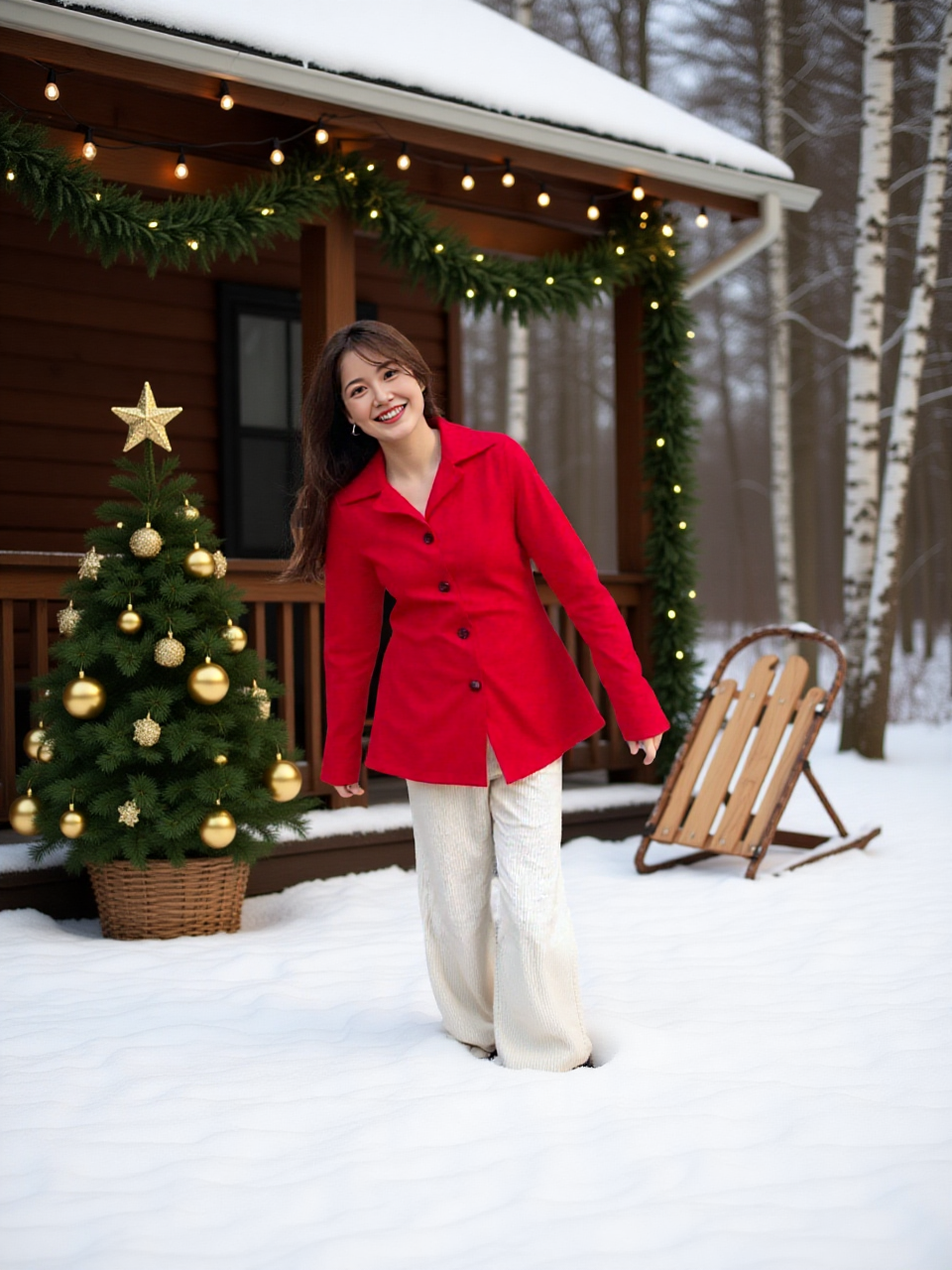 Women’s Winter Fleece Button-Up Long Coat – Red