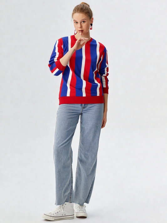 Women’s Multi-Color Vertical Striped Sweatshirt – Red, Blue & White