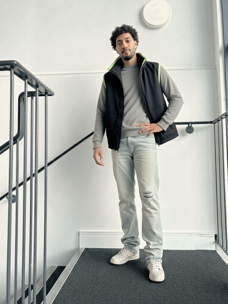 Sleeveless Zip-Up Jacket/Sando– Black with Green Trim(unisex)