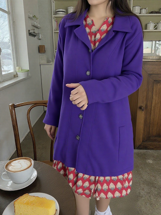 Women’s Winter Fleece Button-Up Long Coat – Deep Purple