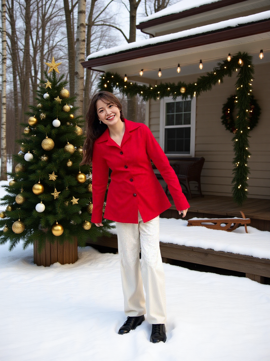 Women’s Winter Fleece Button-Up Long Coat – Red