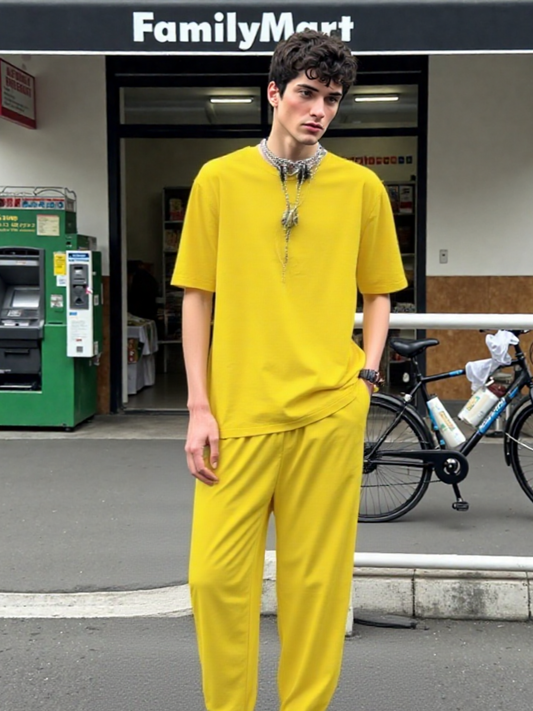Men’s Yellow Cotton Jersey Co-Ord Set – All-Season Matching Shirt & Trousers, Breathable Travel Outfit